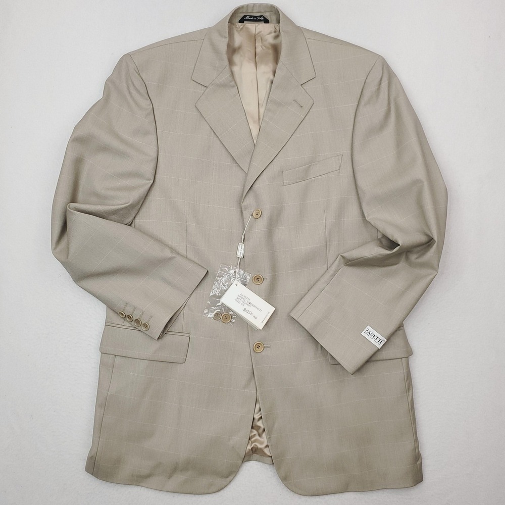 Zanetti Blazer Mens 42L Beige Check Windowpane Super 120s Wool Classic Italy